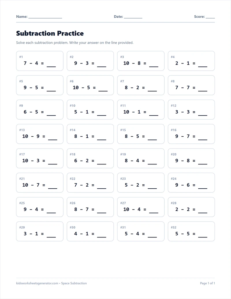 Space Subtraction Practice